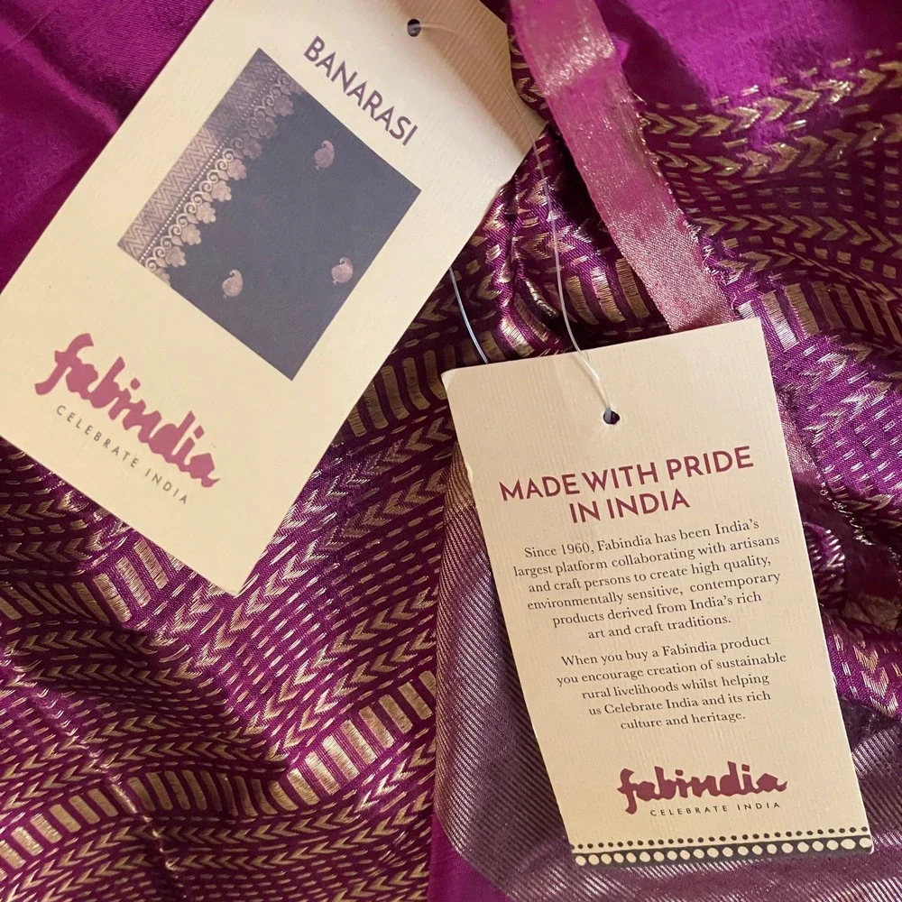 NEW Saree Sari Stole Purple Gold Metallic Woven Viscose Blend Fabindia Banarasi